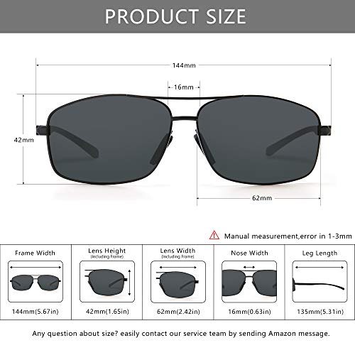 SUNGAIT Ultra Lightweight Rectangular Polarized Sunglasses UV400 Protection (Black Frame Gray Lens, 62) Metal Frame 2458 HKH