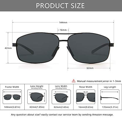 SUNGAIT Ultra Lightweight Rectangular Polarized Sunglasses UV400 Protection (Black Frame Gray Lens, 62) Metal Frame 2458 HKH