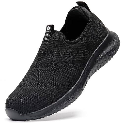 STQ Boys Slip on Shoes for Kids Black Sneakers Mesh Lightweight Little Boys Comfortable Running School Athletic Non Slip Shoes All Black Size 2 Little Kid