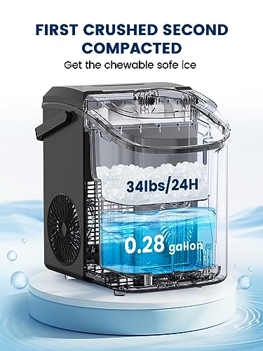 Kndko Nugget Ice Maker Countertop,34lbs/Day,Portable Crushed Ice Machine,Self Cleaning with One-Click Design & Removable Top Cover,Soft Chewable Pebble Ice Maker for Home Bar Camping RV,Black