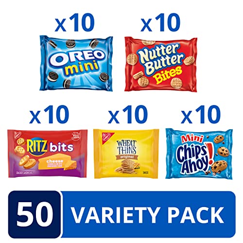 OREO Mini Cookies, Mini CHIPS AHOY! Cookies, RITZ Bits Cheese Crackers, Nutter Butter Bites & Wheat Thins Crackers, Nabisco Cookie & Cracker Variety Pack, School Lunch Box Snacks, 50 Snack Packs