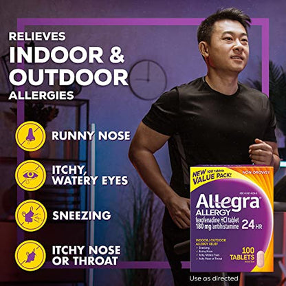 Allegra 24HR Adult Non-Drowsy Antihistamine Tablets, 100-Count, 24-Hour Allergy Relief, 180 mg