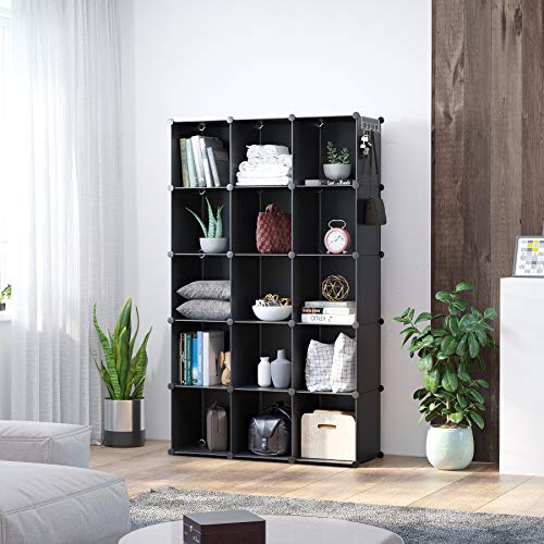 C&AHOME Cube Storage Organizer, 16-Cube Shelves Units, Closet Cabinet, DIY Plastic Modular Bookshelf, Bookcase, Storage Cubes Ideal for Bedroom, Living Room, 48.4" L × 12.4" W × 48.4" H Black SUM3016H