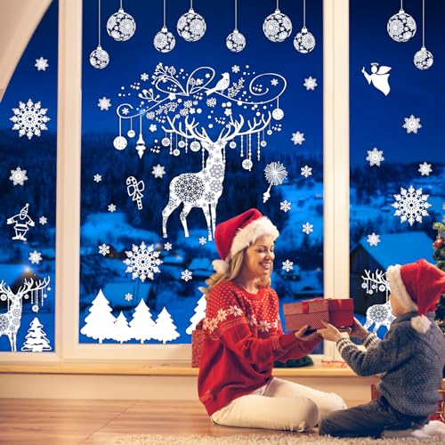 Super Huge Christmas Window Clings Static Snowflake Christmas Decorations, Reindeer Xmas Decor Winter Wonderland Decorations Window Stickers Decals for Indoor Christmas Decoration Party (4 Sheets)