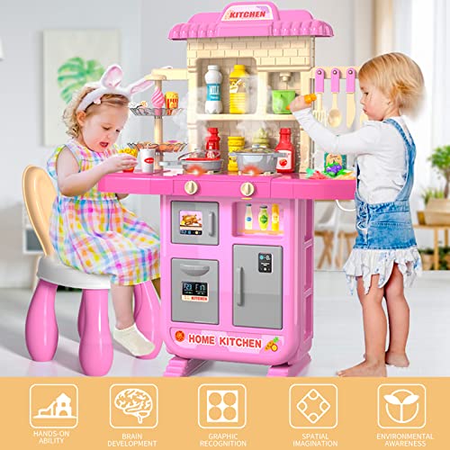 Kids Kitchen Playset for Toddlers Girls, Toy Sets Pretend Play Food Toy with Chair for Kids Ages 3-8, Kitchen Accessories Set with Light Sound Spray