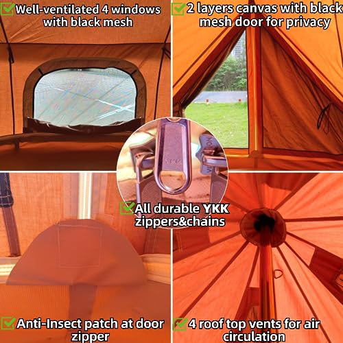 DANCHEL OUTDOOR B5 PROII Canvas Bell Tent with Sealed Jacks for Glamping, 4 Season Waterproof 100% Cotton Canvas Yurt Tent House for Living 6 Person Camping 16.4ft/5M Brown