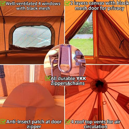 DANCHEL OUTDOOR B5 PROII Canvas Bell Tent with Sealed Jacks for Glamping, 4 Season Waterproof 100% Cotton Canvas Yurt Tent House for Living 6 Person Camping 16.4ft/5M Brown