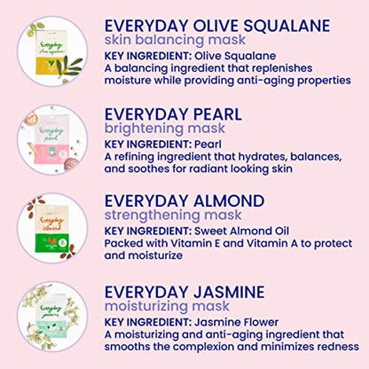 Everyday Set of 8 Sheet Masks (16 Count) - Hydrating Essence Korean Sheet Mask, for All Skin Types, Revitalizing, Purifying, Illuminating, Hydrating, Anti-aging With No Harsh Chemicals and Safe for Sensitive Skin
