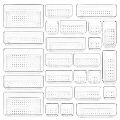 Vtopmart 25 PCS Clear Plastic Drawer Organizers Set, 4-Size Versatile Bathroom and Vanity Drawer Organizer Trays, Storage Bins for Makeup, Bedroom, Kitchen Gadgets Utensils and Office