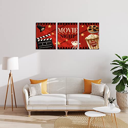 Apicoture Home Theater Wall Decor Movie Night Sign Canvas Wall Art Prints Movie Film Reels Popcorn Lamplight Painting Prints Media Room Home Cinema Wall Framed 12"x16"x3 Pieces