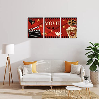 Apicoture Home Theater Wall Decor Movie Night Sign Canvas Wall Art Prints Movie Film Reels Popcorn Lamplight Painting Prints Media Room Home Cinema Wall Framed 12"x16"x3 Pieces