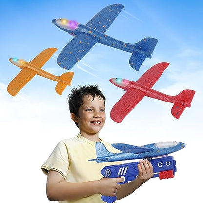 MOZSOY 3 Pack Airplane Launcher Toys, 2 Flight Modes LED Foam Glider Catapult Plane Toys for Boys, Outdoor Toys for Boys Girls 3 4 5 6 7 8 9 10 11 12 Year Old … (3 Color)