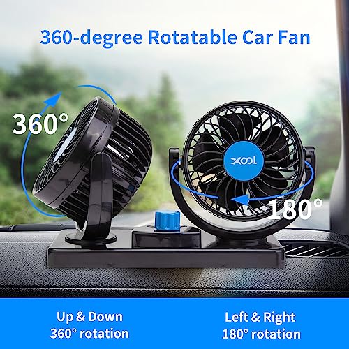 XOOL Car Fan, USB Portable Cooling Air Fan for Car, 360 Degree Rotatable Dual Head Desk Fans with 2 Speed Strong Wind for Dashboard SUV, RV, Vehicles, Boat, Home & Office - USB Powered