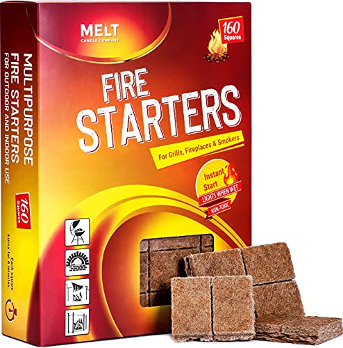 Fire Starter Squares 160 - Fire Starter Pack for Chimney, Grill Pit, Fireplace, Campfire, BBQ & Smoker - Water Resistant and Odourless - Camping Accessories