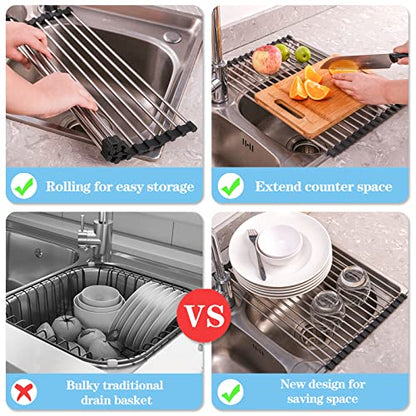 Roll Up Dish Drying Rack Over the Sink Drying Rack for Kitchen Counter, Seropy Rolling Dish Rack over Sink Mat, Foldable Dish Drainer Stainless Steel Sink Rack Kitchen Organization Gadgets 17.5"x11.8"