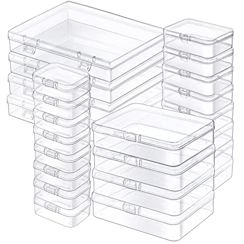 Jutieuo 24 Pack Mixed Sizes Rectangular Mini Plastic Containers Clear Plastic Storage Boxes with Hinged Lids and Labels Empty Beads Organizers for Small Items Art Craft Jewelry Projects