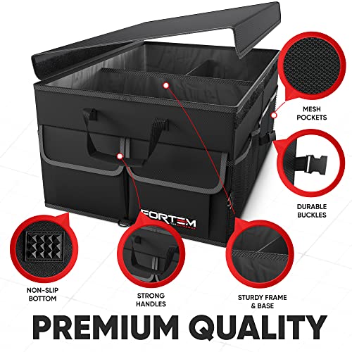 FORTEM Car Storage Organizer, Collapsible Multi Compartment SUV Trunk Organizer, Non Slip Bottom, Adjustable Securing Straps, Foldable Cover (Black, Standard Size)