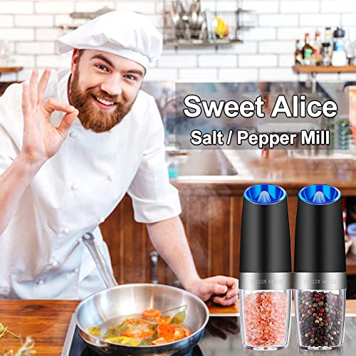 Gravity Electric Pepper and Salt Grinder Set, Adjustable Coarseness, Battery Powered with LED Light, One Hand Automatic Operation, Stainless Steel Black, 2 Pack