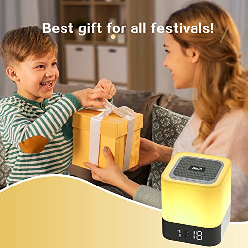 Aisuo Night Light-5 in 1 Bedside Lamp with Bluetooth Speaker, 12/24H Digital Calendar Alarm Clock, Touch Control, Support TF and SD Card, Music Player, Gift for Girls Boys Teens,Warm White