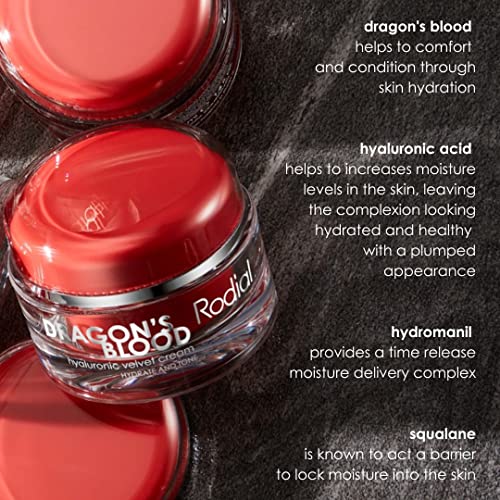 Rodial Dragons Blood Hyaluronic Velvet Cream 1.69fl.oz - Hyaluronic Acid and Hydromanil to Comfort and Replenish Dry Skin - Buttery and Luxurious Cream Texture - Day and Night Care