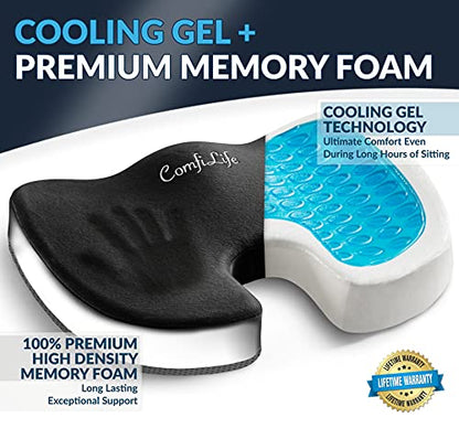 ComfiLife Gel Enhanced Seat Cushion - Non-Slip Orthopedic Gel & Memory Foam Coccyx Cushion for Tailbone Pain - Office Chair Car Seat Cushion - Sciatica & Back Pain Relief (Black)