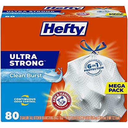 Hefty Ultra Strong Tall Kitchen Trash Bags, Clean Burst Scent, 13 Gallon, 80 Count