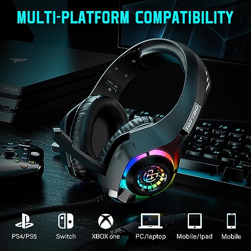 Tatybo Gaming Headset for PS4 PS5 Switch Xbox One PC with RGB Light, Noise Canceling Mic, Surround Sound Gaming Headphones