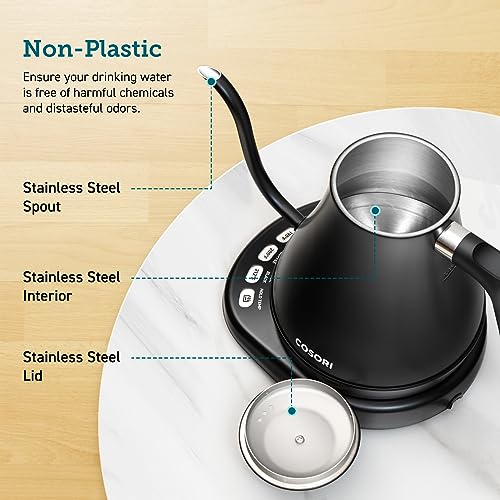 COSORI Electric Gooseneck Kettle with 5 Temperature Control Presets, Pour Over Kettle for Coffee & Tea, Hot Water Boiler, 100% Stainless Steel Inner Lid & Bottom, Christmas Gifts, 1200W/0.8L