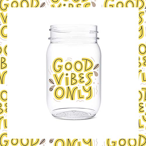 TOSSWARE POP 16oz Mason Good Vibes Only Series, SET OF 6, Recyclable, Premium Quality, Unbreakable & Crystal Clear Plastic Printed Mason Jars, good vibes vino