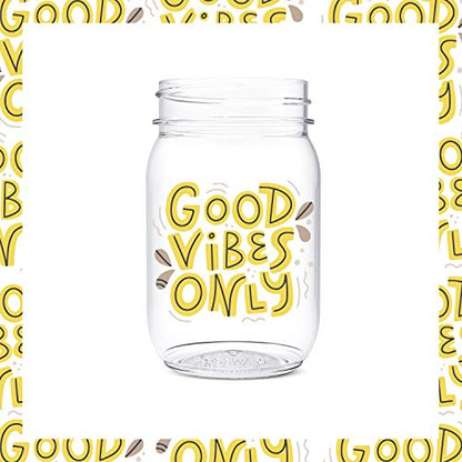 TOSSWARE POP 16oz Mason Good Vibes Only Series, SET OF 6, Recyclable, Premium Quality, Unbreakable & Crystal Clear Plastic Printed Mason Jars, good vibes vino