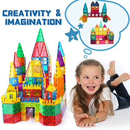 AFUNX 130 PCS Magnetic Tiles Building Blocks 3D Clear Construction Playboards, Inspiration , Creativity Beyond Imagination, Educational Magnet Toy Set for Kids with 2 Cars
