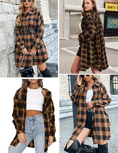 IN'VOLAND Women's Button Down Flannel Shirts Plaid Shacket Long Sleeve Collared Plus Size Long Jacket Coats 26W