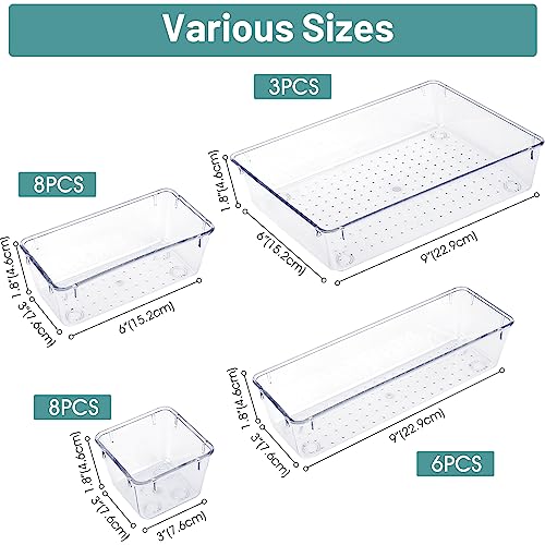 WOWBOX 25 PCS Clear Plastic Drawer Organizer Set, 4 Sizes Desk Drawer Divider Organizers and Storage Bins for Makeup, Jewelry, Gadgets for Kitchen, Bedroom, Bathroom, Office