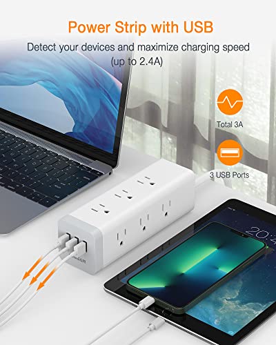 Power Strip Surge Protector with USB, TESSAN 6.5 FT Extension Cord with 9 Outlets 3 USB Ports 1050J, 3 Prong Flat Plug Mountable Desk Charging Station 15A 1875W for Office, Dorm Essentials