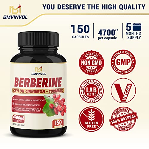 Berberine Supplement 4700mg - 5 Months Supply - High Potency with Ceylon Cinnamon, Turmeric - Supports Immune System, Cardiovascular & Gastrointestinal Function - Berberine HCl Supplement Pills