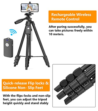 XXZU 60" Camera Tripod with Travel Bag,Cell Phone Tripod with Remote,Professional Aluminum Portable Tripod Stand with Phone Tripod Mount&1/4”Screw,Compatible with Phone/Camera/Projector/DSLR/SLR