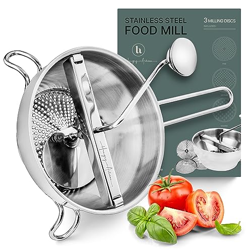 Ergonomic Food Mill Stainless Steel With 3 Grinding Milling Discs, Milling Handle & Stainless Steel Bowl - Rotary Food Mill for Tomato Sauce, Applesauce, Puree, Mashed Potatoes, Jams, Baby Food