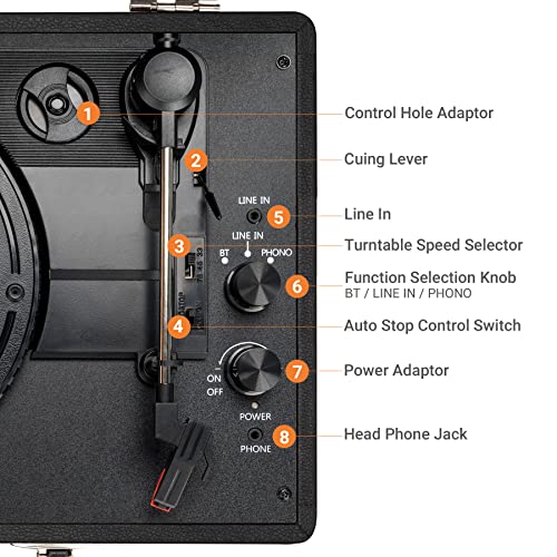 Bluetooth 3-Speed Record Player, ByronStatics Smart Portable Wireless Vinyl Turntable Built in Stereo Speakers Suitcase Record Player with Extra Stylus, RCA Line out Aux in - Black