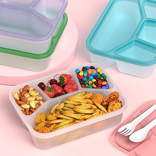 XGXN Bento Box Adult Lunch Box (4 Pack), 4-Compartment Meal Prep Container for Kids, Reusable Food Storage Containers with Transparent Lids, No BPA, Microwaveable (Transparent (Red/Green/Blue/Purple))