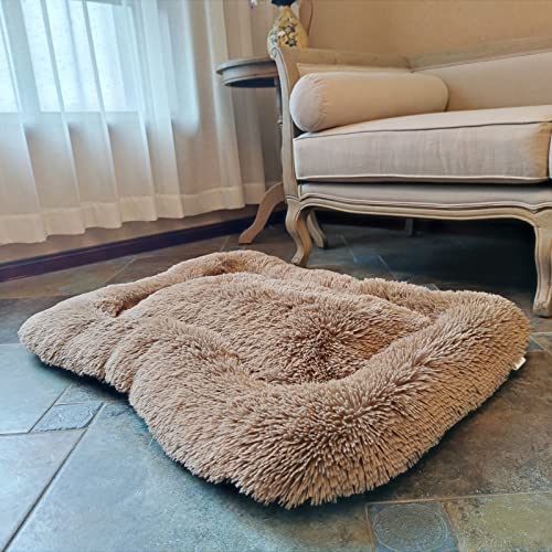 Coohom Deluxe Plush Bed Pet Cushion Crate Mat,Fulffy Comfy Kennel Anti-Slip Washable Pad for Medium Large X-Large Dogs(X-Large, Khaki)