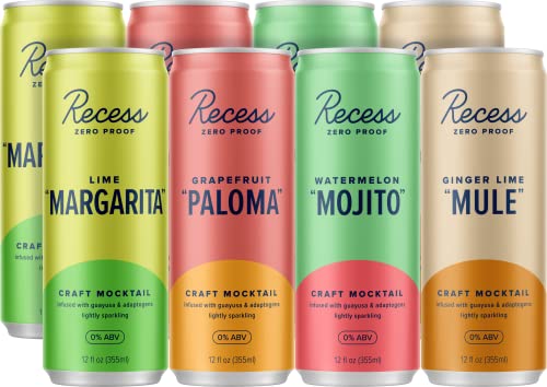 Recess Zero Proof Sampler, Craft Mocktails, Alcohol Free Drinks, With Adaptogens, Non-Alcoholic Beverage Replacement, Mixer, (12 pack sampler has 3 of each flavor: Lime "Margarita,” Grapefruit "Paloma")