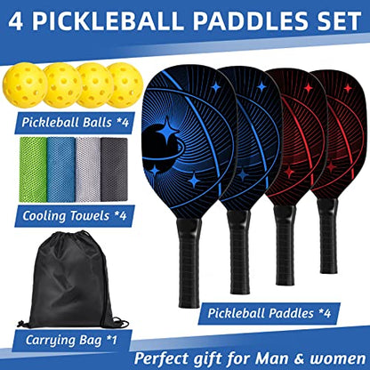 Pickleball Set with 4 Premium Wood Pickleball Paddles, 4 Pickleball Balls, 4 Cooling Towels & Carry Bag, Pickleball Rackets with Ergonomic Cushion Grip, Gifts for Men Women