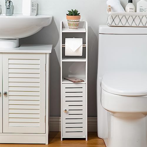 Toilet Paper Holder Stand, Storage Cabinet Beside Toilet for Small Space Bathroom with Toilet Roll Holder, White by AOJEZOR