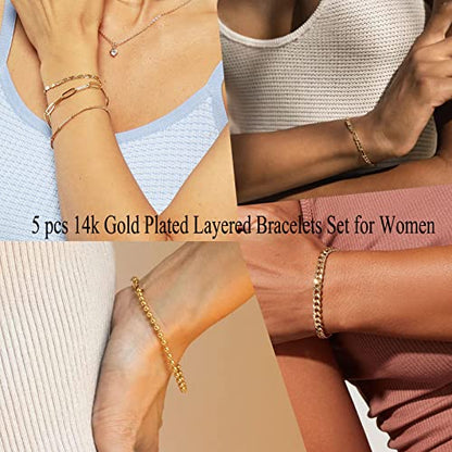 Reoxvo Gold Bracelets Jewelry Gifts Set for Women Fashion Dainty Gold Adjustable Layered Link Chain Bracelet Pack for Women 14K Real Gold Cute 5pcs