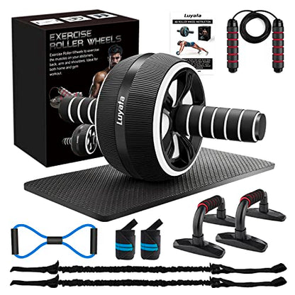 Ab Roller Wheel, 10-In-1 Ab Exercise Wheels Kit with Resistance Bands, Knee Mat, Jump Rope, Push-Up Bar - Home Gym Equipment for Men Women Core Strength & Abdominal Exercise