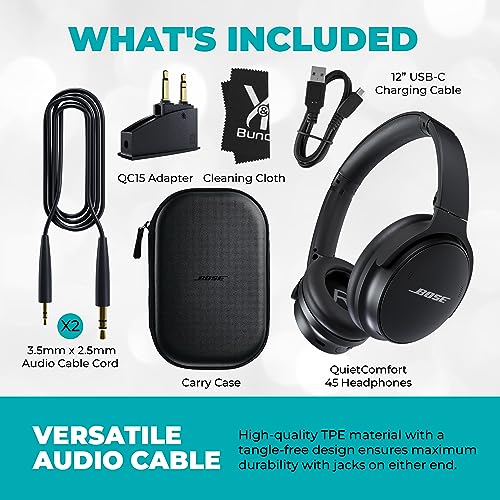 Bose QuietComfort 45 Headphones Bundle with QC15 Airplane Jack Adapter, Audio Cable, Cloth - Bluetooth Wireless Noise Canceling Headphones, Over Ear Headphones Bose Noise Cancelling Headphones (Black)
