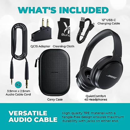 Bose QuietComfort 45 Headphones Bundle with QC15 Airplane Jack Adapter, Audio Cable, Cloth - Bluetooth Wireless Noise Canceling Headphones, Over Ear Headphones Bose Noise Cancelling Headphones (Black)