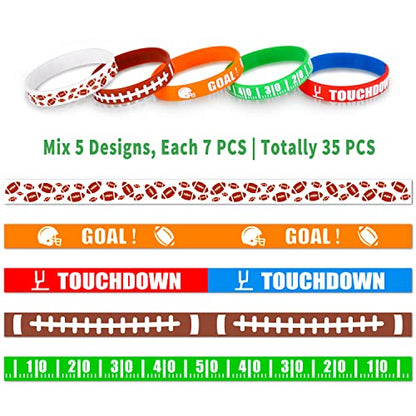 Football Wristband Silicone Bracelets Sport Themed Party Accessories Gift for Super Bowl Tailgate Birthday Party Decorations Party Favors for Kids and Adults 35 Pack, 5 Designs