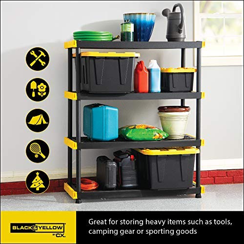 CX Black & Yellow®, 4-Tier Heavy Duty Plastic Storage Shelving Unit, 200lbs/shelf (55”H x 48”W x 20”D), for Indoor/Outdoor Organization, Modular Rack