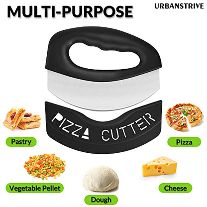 Urbanstrive Heavy Duty Stainless Steel Pizza Cutter with Cover, Super Sharp Blade Pizza Knife Pizza Cutter Rocker, Perfect Kitchen Gadgets for Pizza Cutting Home Essentials, Black